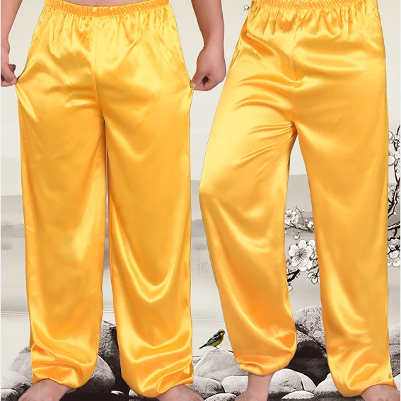 No pockets glossy satin pajamas pants Men silk loose sleeping plus size trousers