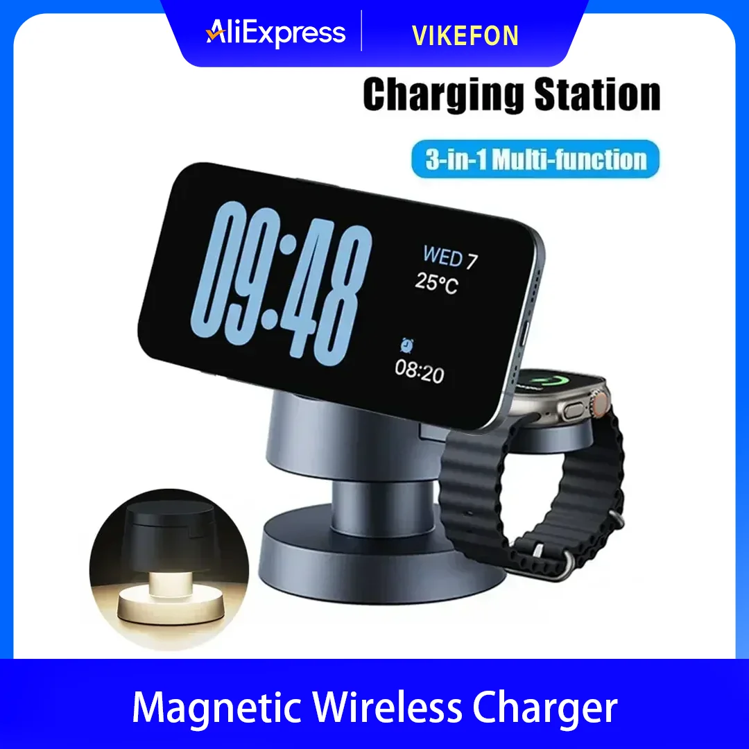ledライト付き磁気3in1ワイヤレス充電ステーション、magsafe-iphone-17～12-pro-max、apple-watch、airpods-pro-4対応、急速充電