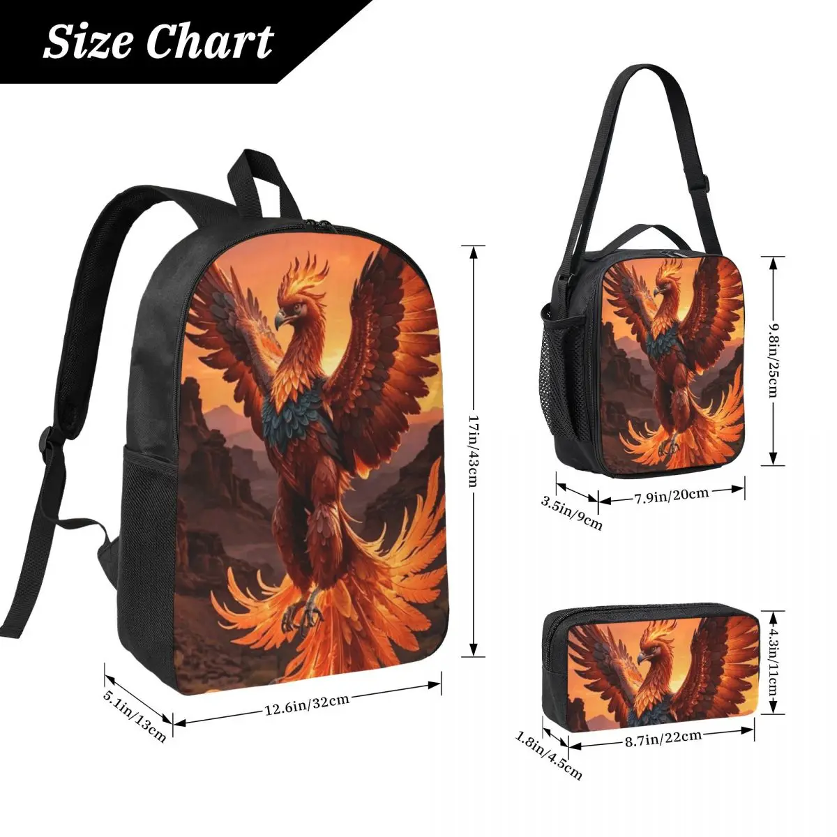 Phoenix Mythical Bird With Fiery Wings Backpack BookBag School Bag Laptop Shoulder Bags 3ps Insulated Lunch Bag Pencil Case