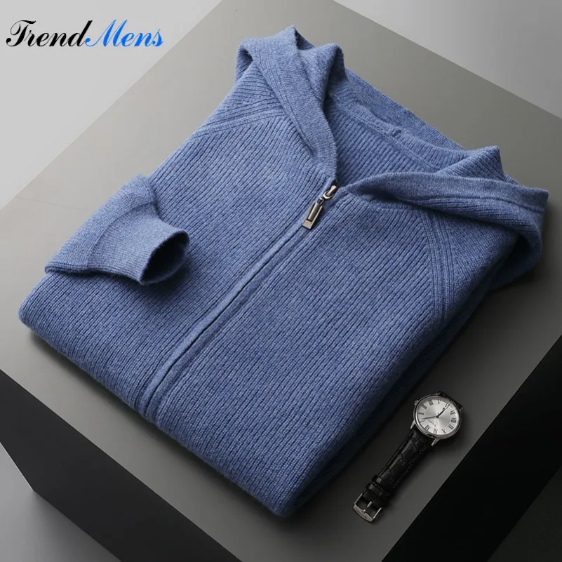 

Mens Sweater 100% Merino Wool Hooded Zipper Cardigan Knitted Coat Thick Sweater Casual Plus Size Warm Shirt Autumn Winter