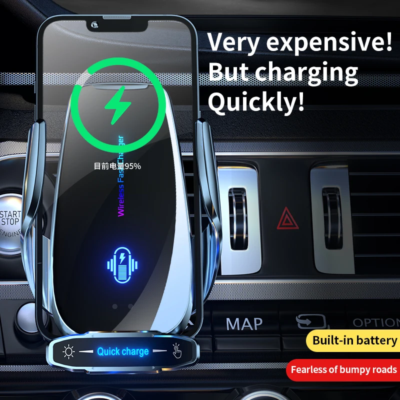 

15W Wireless + 3 Mag Tips Car Charger – IR Auto Clamp, Built‑in Battery, 360° Rot for iPhone & Android – Vent Mount