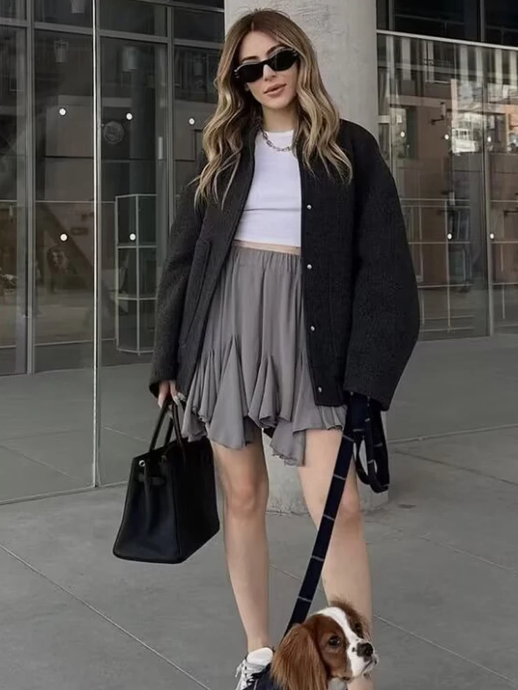 HH Fashion Women Solid Color Oversized Bomber Jacket Vintage Long Sleeve Pocket Single-Breasted Snap Button Female Chic Tops