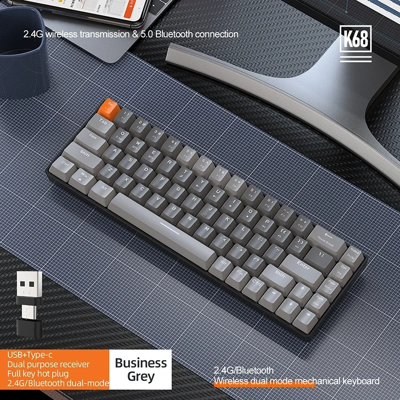 K68 2.4G/BT5.0 Teclado mecânico para jogos sem fio 68 teclas Hotswap Mini teclado mecânico para jogos PBT Keycaps