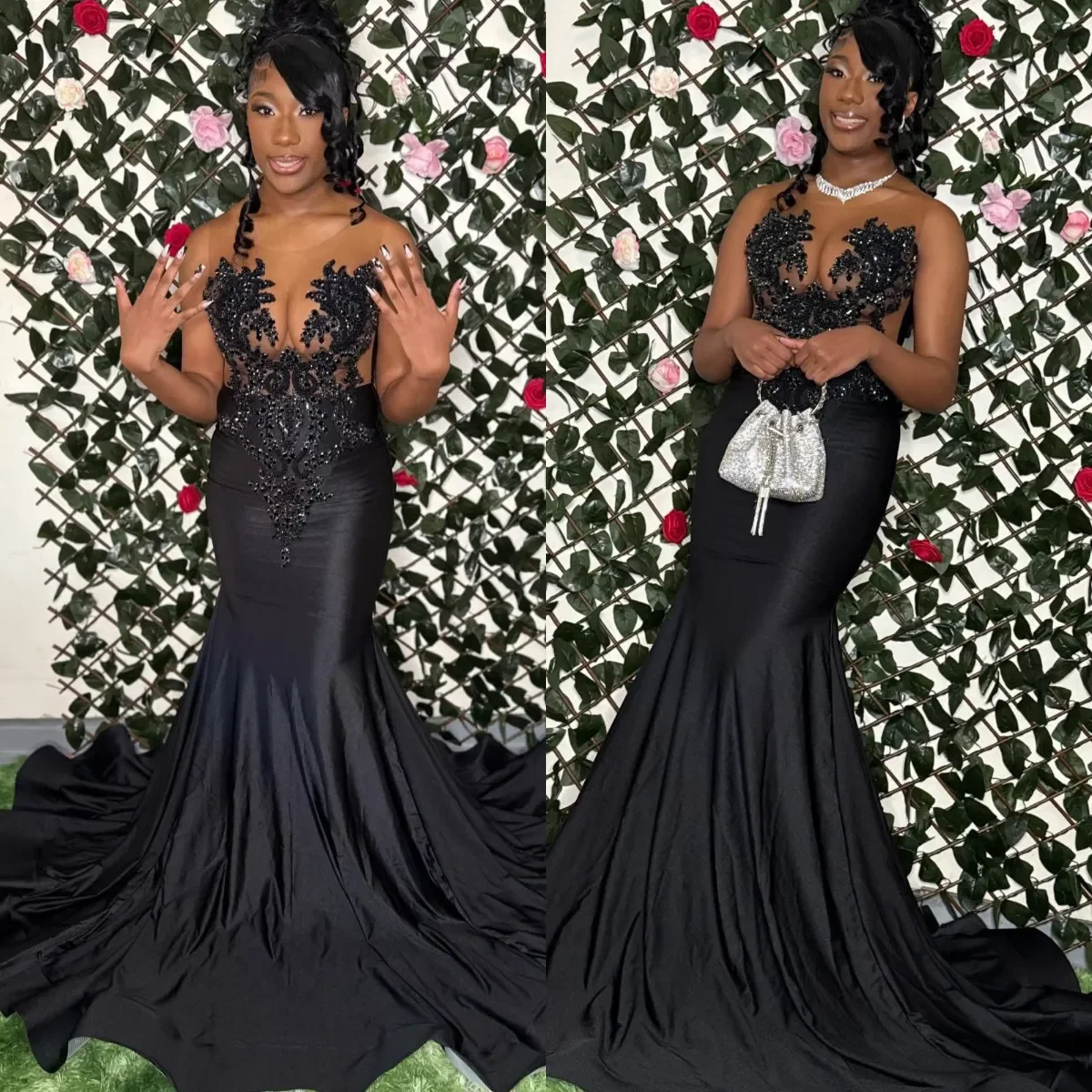 

Customized Sexy Black Mermaid Decal Ball Dress Bead Illusion Collar Long Birthday Party Back to School Formal Occasion Dress