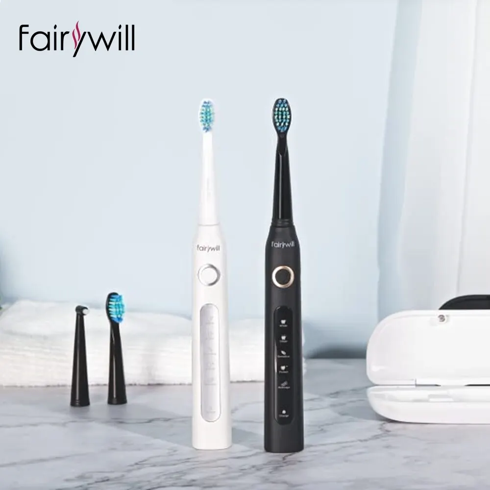 Fairywill Sonic Electric Toothbrush FW-D7 Set USB Charge Toothbrushes Case for Adult with Tooth Brush Heads 5 Mode Smart Time