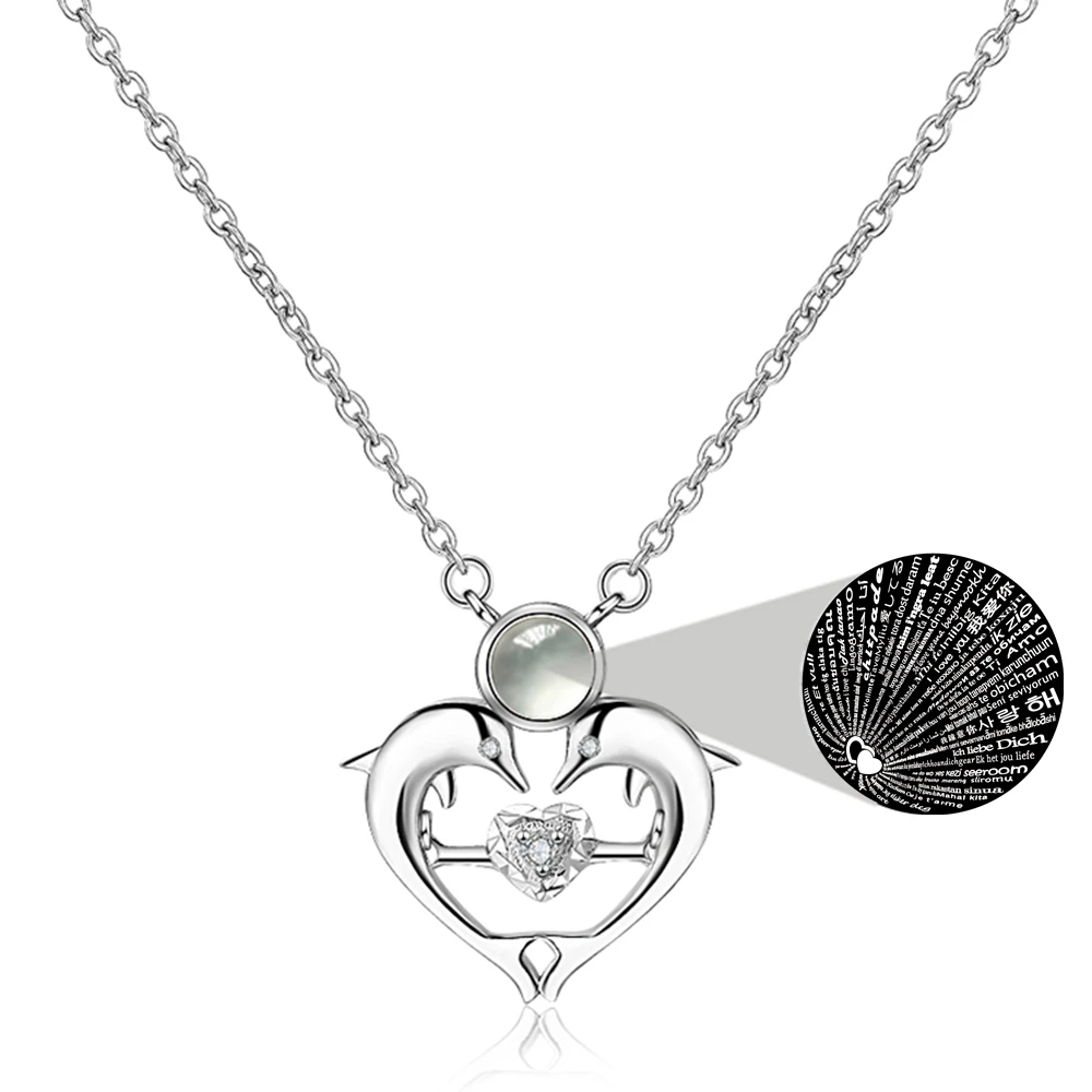 カスタム写真投影フォトネックレス 女性用 イルカハートペンダントネックレス パーソナライズされた誕生日プレゼント メモリアルジュエリー