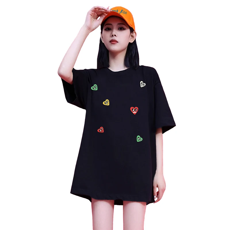 Frauen Baumwolle T-shirt Sommer Oansatz Kurzarm Gerade Lose Tops 3D Stickerei Liebe Herz Auge Bart Muster Casual Tees