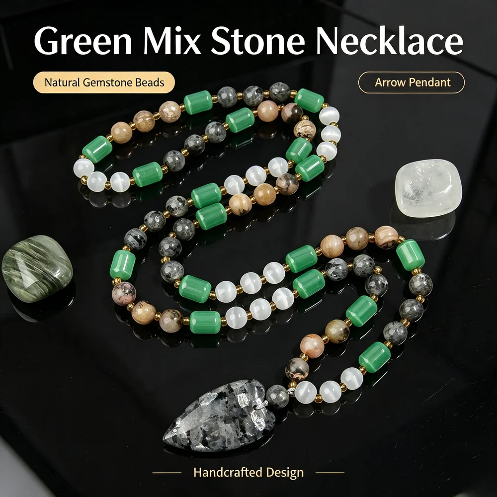 Natural Stone Beaded Necklace Teardrop Rectangle Pendant 4 Styles to Select Women Jewelry Gift
