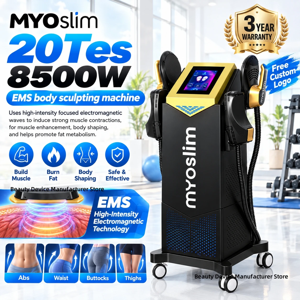MYOslim 8500W 20 Tes EMS Body Sculpting Machine 200HZ Muscle Stimulation for Muscle Development Fat Burning And Weight Loss