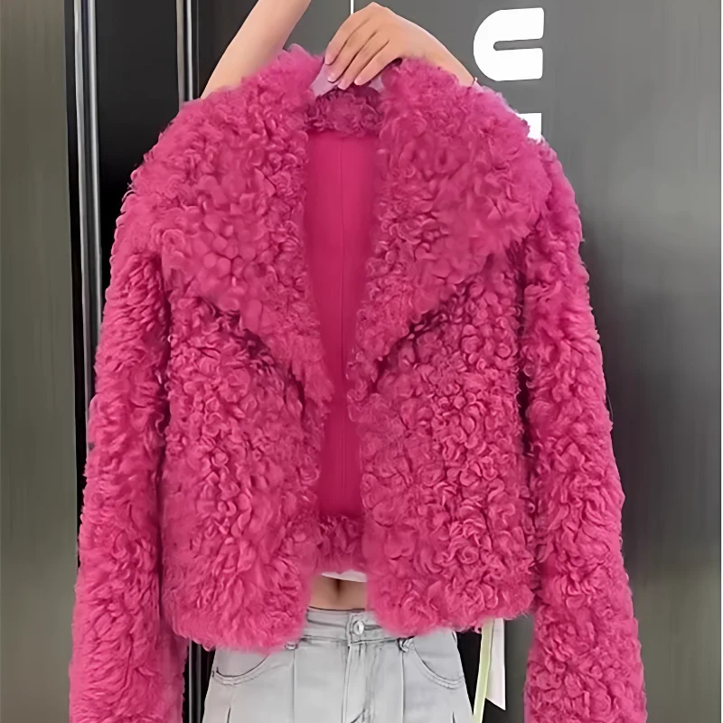 

Женское флисовое пальто с отложным воротником из овечьей шерсти, куртка-бомбер розового цвета, бархатная парка с воротником из искусственного кашемира, кардиган, топы