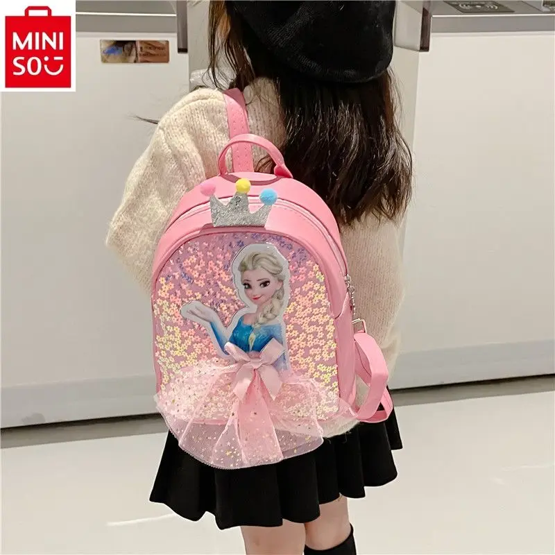 Miniso 2024 neue Cartoon Elsa Prinzessin 3d Pailletten Kleid Bogen Rucksack leichte und süße Kinder rucksack