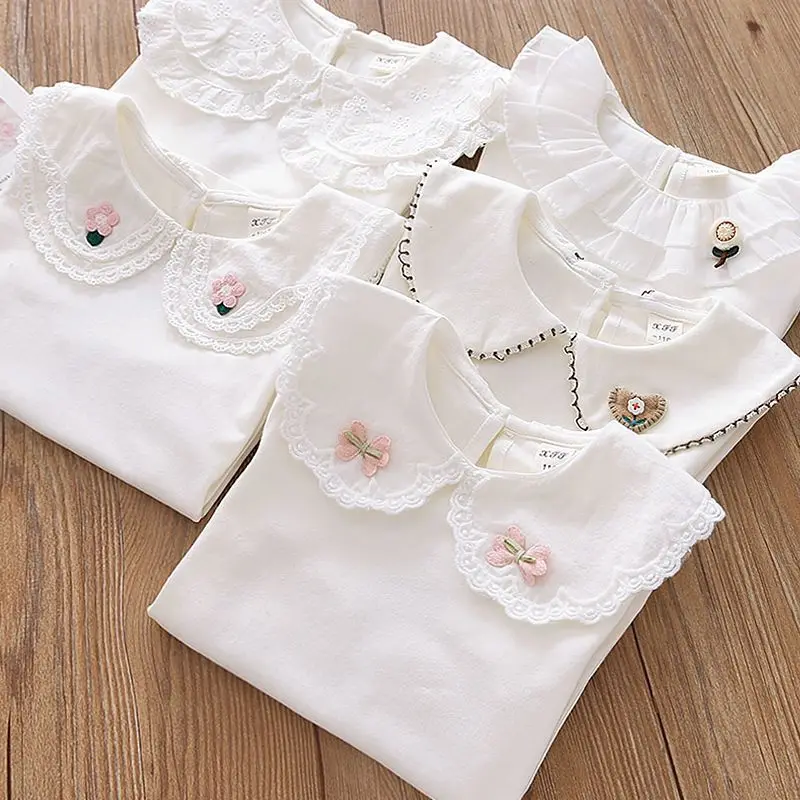 

Весенняя блузка с длинными рукавами для маленьких больших девочек, белая футболка с воротником «Питер Пэн» и жемчужной кружевной отделкой, повседневный топ с мягкой подошвой