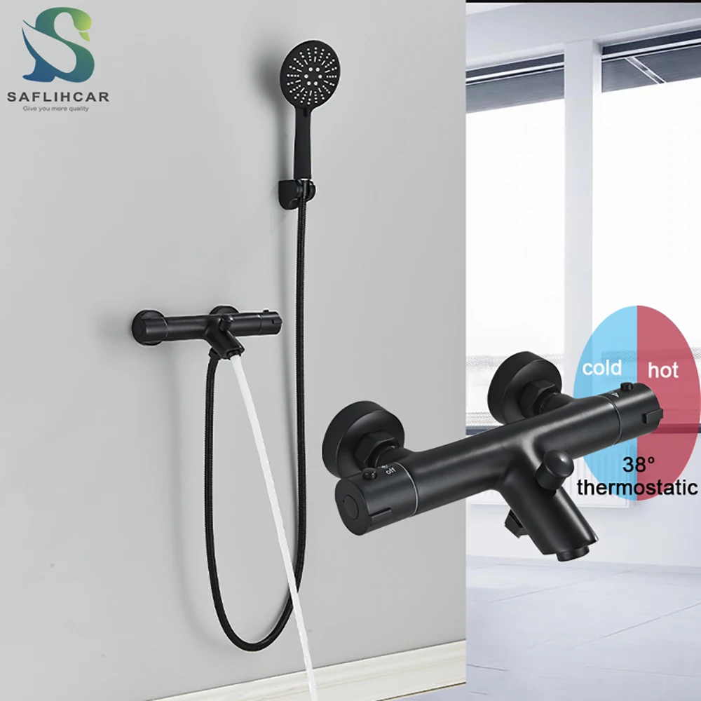 Grifo de ducha termostático para baño, grifería de bañera de doble manija, mezclador montado en la pared, color negro