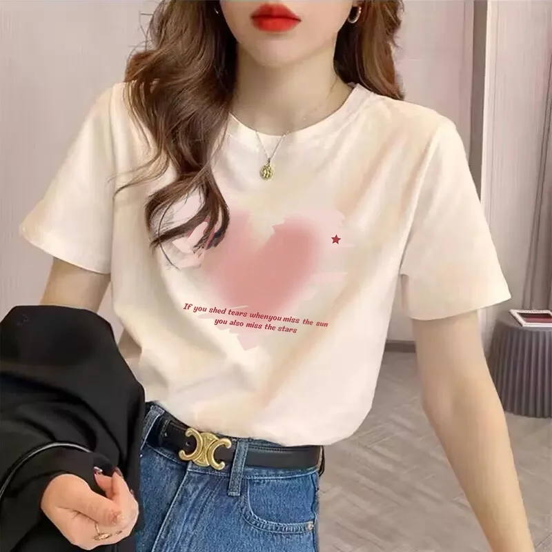 Cotton Short Sleeve T-Shirt Women's Heart Pattern Loose Fit Korean Style Summer New Design Pure Cotton Shoulder Width T-Shirt