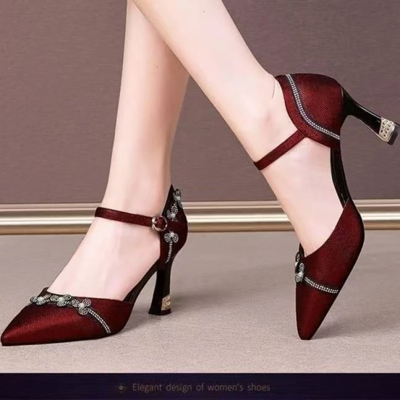 

Burgundy Pointed Toe Women's Ankle Strap Heels, Rhinestone Flower Embellished Stiletto Pumps, Elegant Party & Wedding Shoes