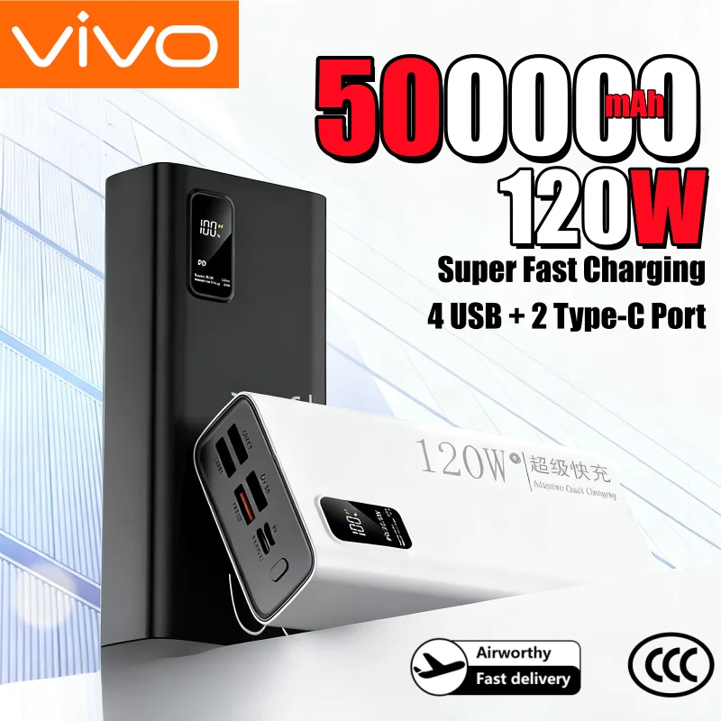 باور بانك VIVO بقدرة 500000 مللي أمبير في الساعة بقدرة 120 وات وشحن سريع للغاية وسعة كبيرة مع شاشة رقمية ومنفذ 4USB + 2Type-C Powerbank 2026 #1