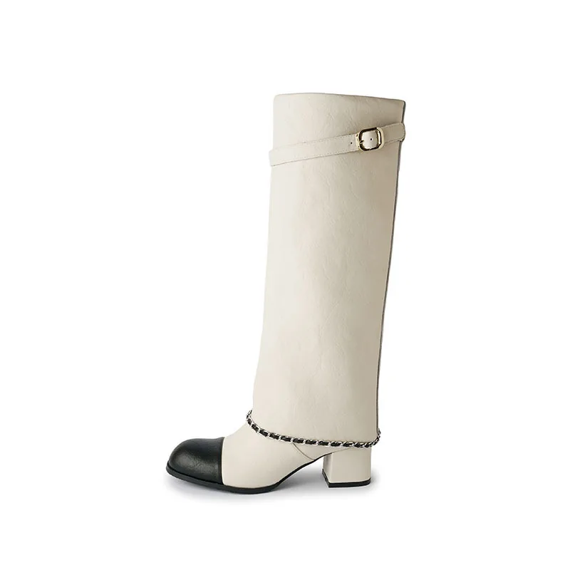 Arden Furtado Cowhide Mixed Colors Belt Buckle Knee High Boots Round Toe Turned-over Edge Slip-on Middle Heel Modern Boots