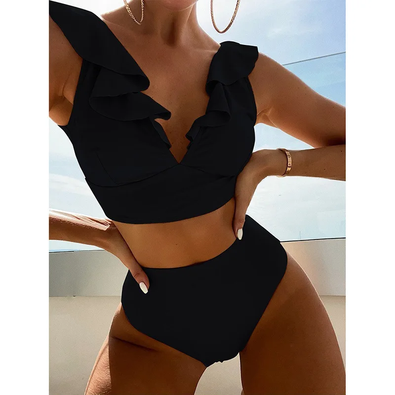 Women's Swimsuit Sleeveless V-neck Ruffle High Waist Bikini Set Solid Color Fashion Beach Hot Spring Seaside Summer 2024 New