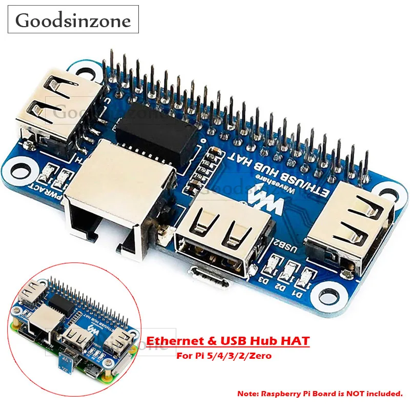 

Raspberry Pi Ethernet и USB-концентратор HAT — 3-портовый концентратор USB 2.0 с портом RJ45 для Pi 5/4/3/2/Zero