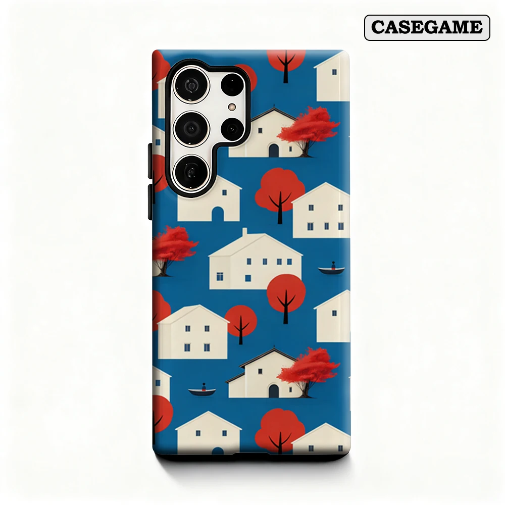 Casegame Phone Case for Samsung Galaxy S25 S26 Ultra S24 S23 Ultra Plus Shockproof Double Layer Blue House Village Cover