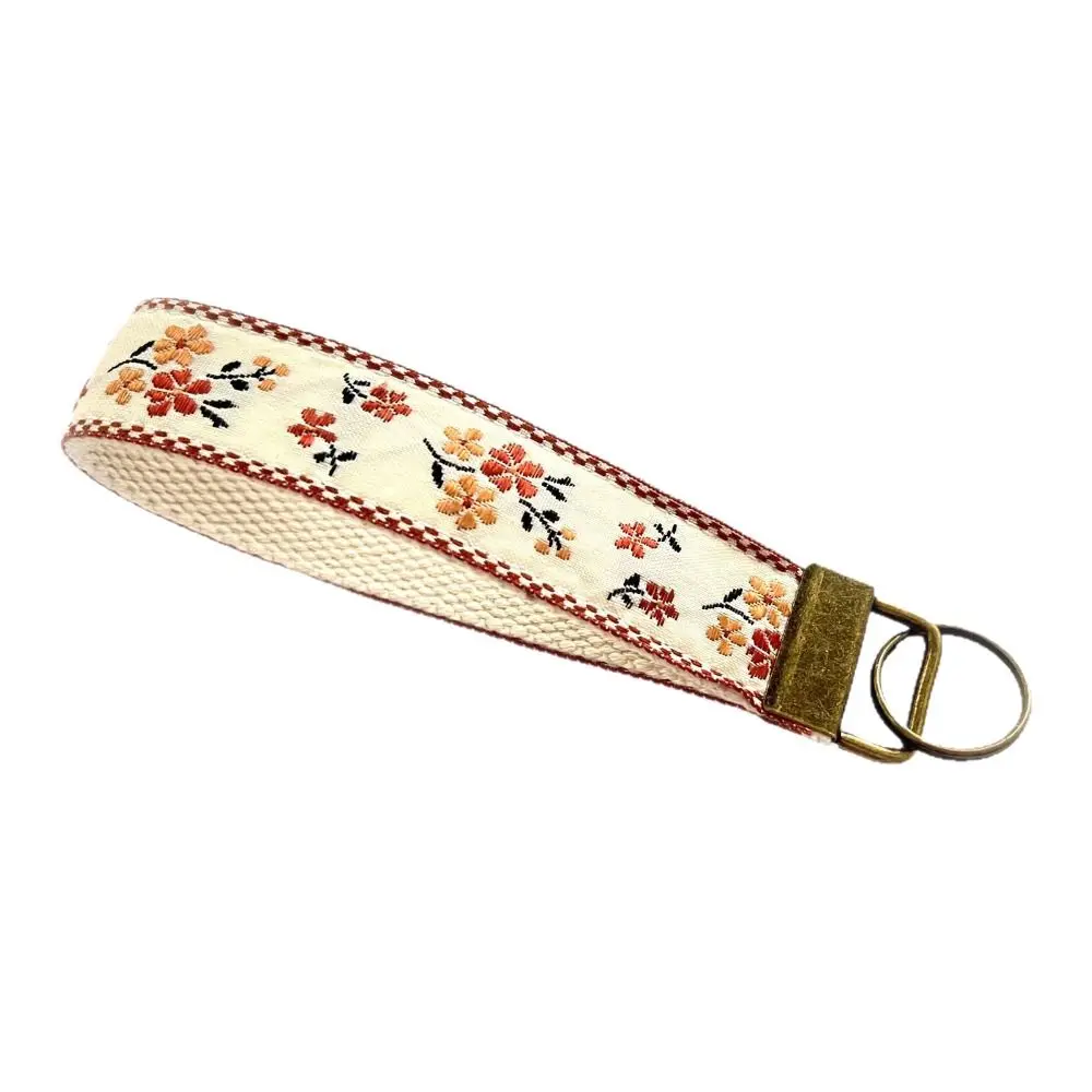 Floral Design Embroidered Wristlet Keychain Handmade Floral Embroidery Wristband Accessory Fabric Key Chain Lanyard EDC