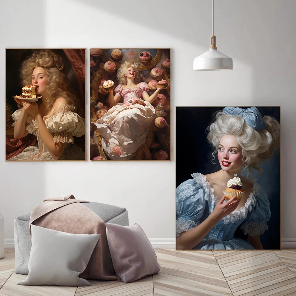 1pc frameless Canvas Painting Vintage Elegant Rococo Women Eat Dessert Cake Posters Renaissance Whimsical Prints Canvas Wall Pic