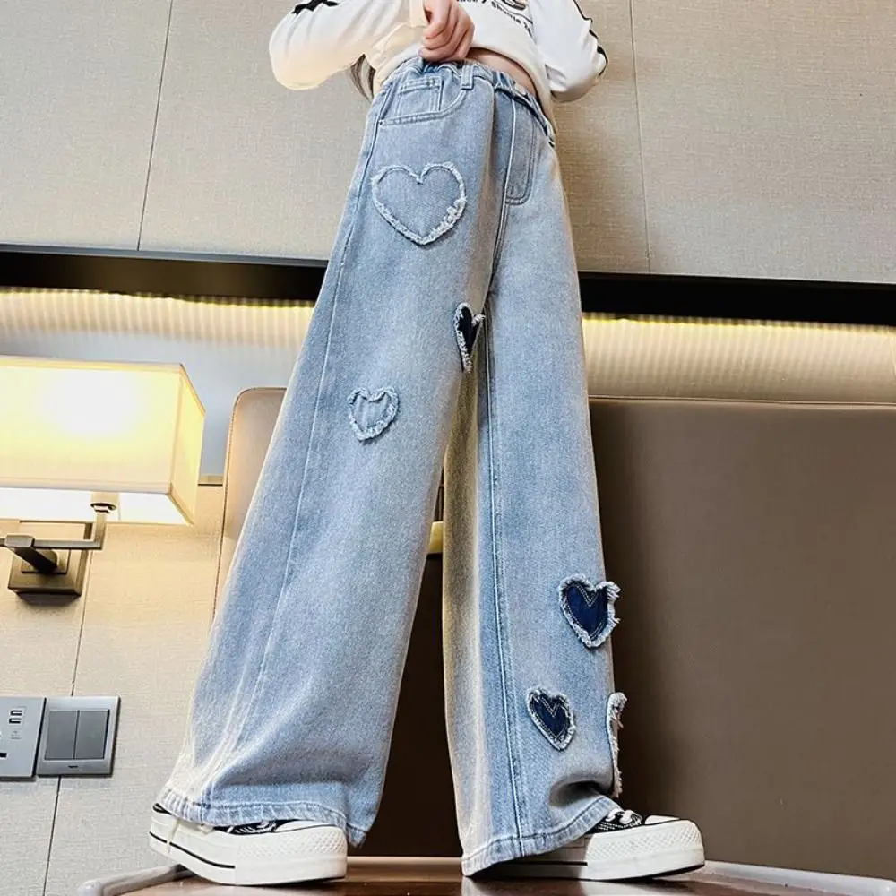 

Casual Loose Denim Jeans Soft Elastic Waistband Heart Pattern Loose Pants High Waist Outwear Wide Leg Pants Children's Pants