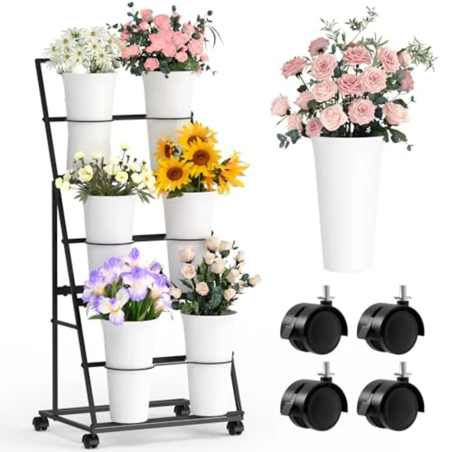 

Flower Display Stand with 6 Buckets and Wheels 3 Tier Flower Cart Display Stand for Indoor Outdoor Garden Wedding Flower Shop E