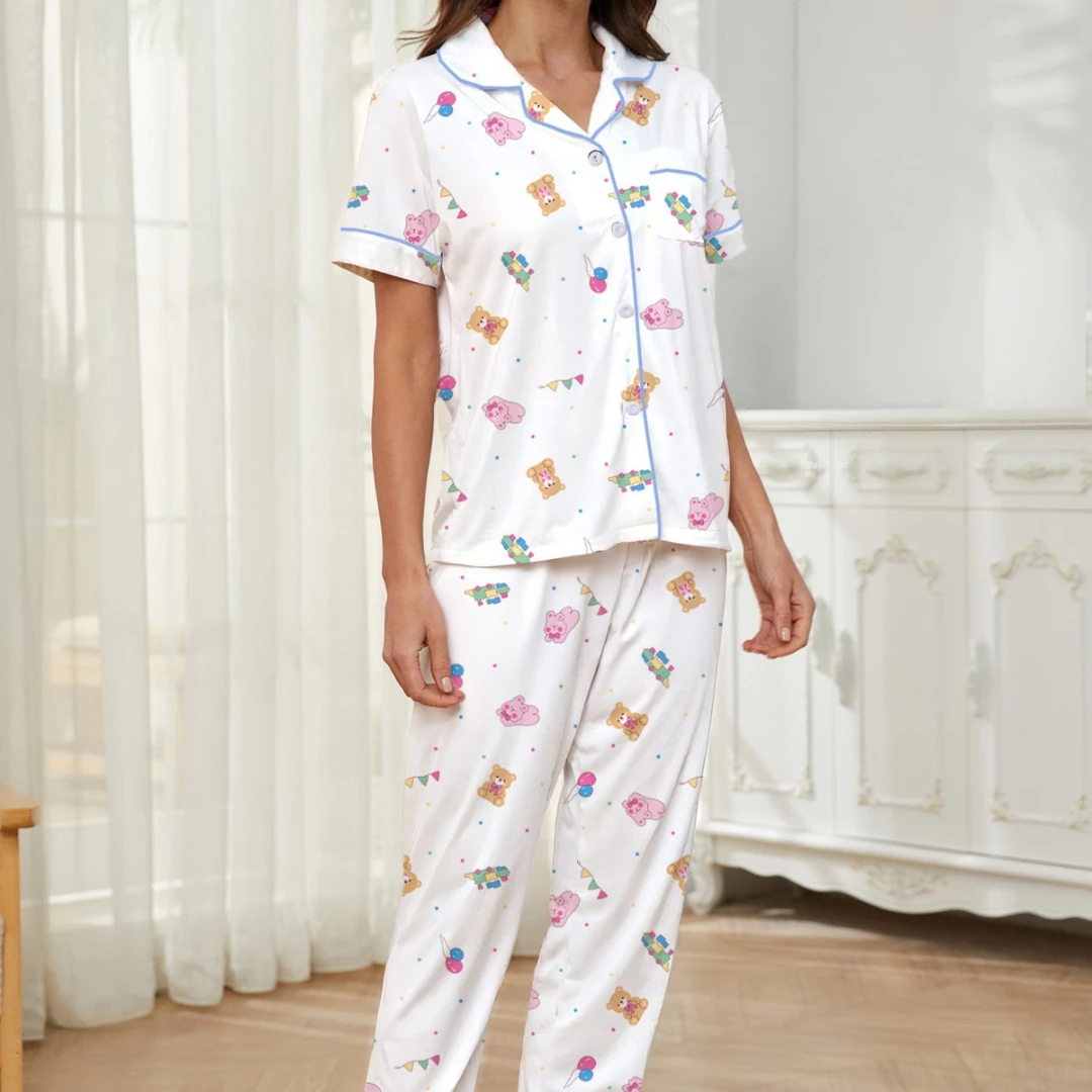 

Christmas Themed Pajama Little Bear and the Pink Rabbit Lapel Short Sleeve Long Trousers Loungewear Home Wear Set Clothes Gifts