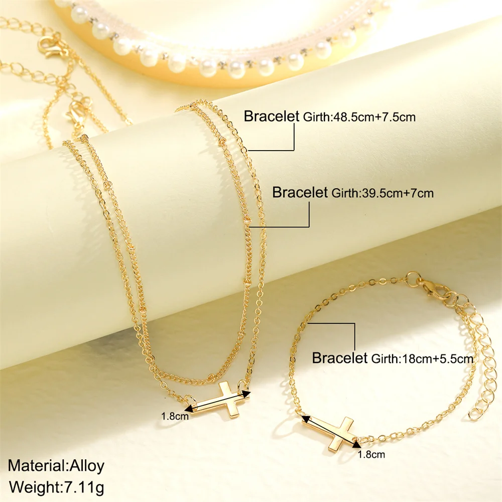 Vintage Gold Color Metal Cross Pendant Necklace Bracelet Jewelry Set for Women Simple Minimalist Match Daily Wear Accessories
