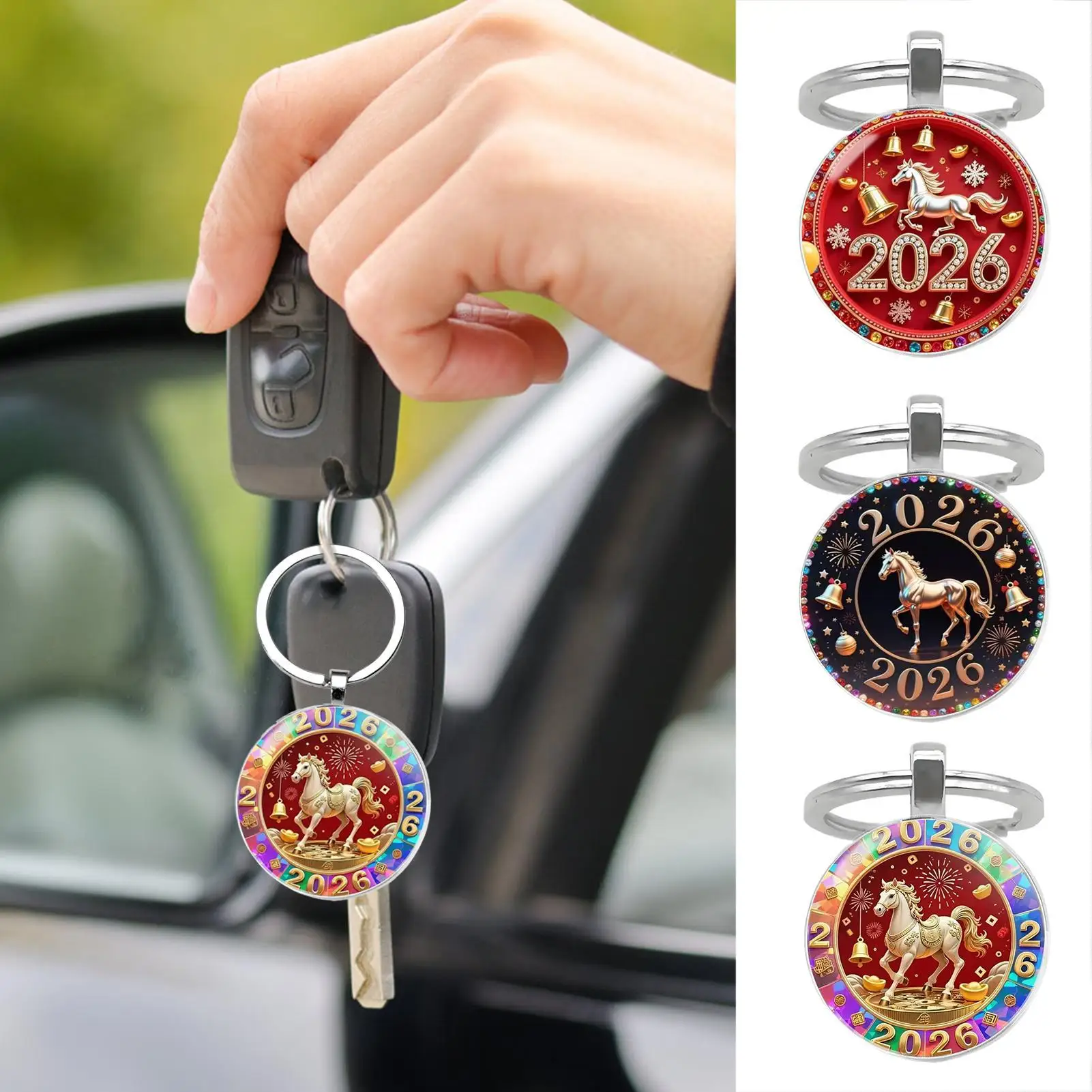 Vintage New Year of the Horse Keychain-Glass Alloy Horse Charm,Durable Round decoration Accessory Suitable for Spring Festival