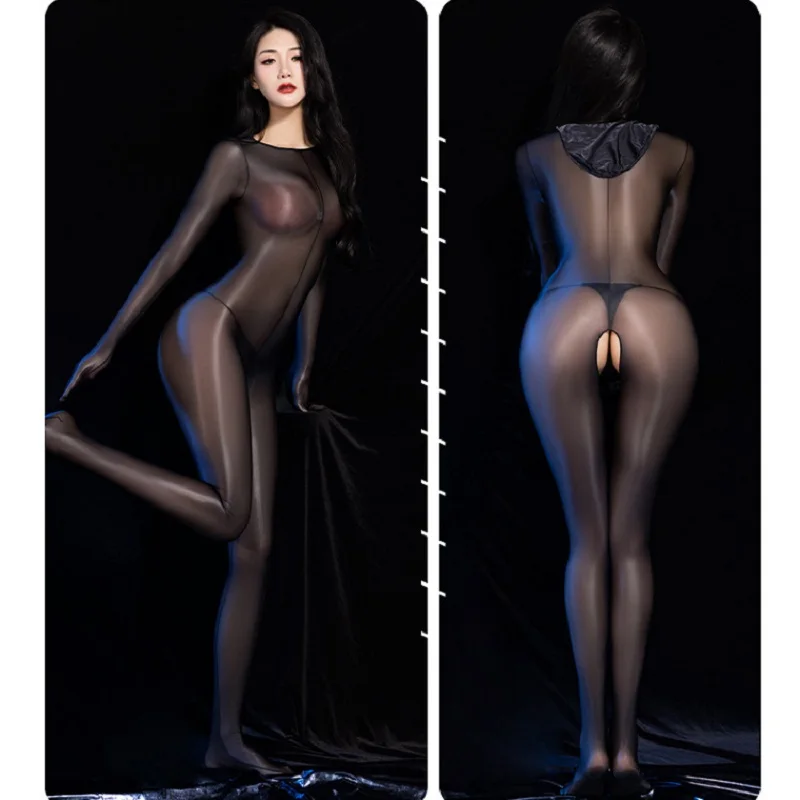 

Open Crotch Lingerie Jumpsuit Womens Sheer Shiny Thin Full Cover Bodystocking Silky Nylon Elasticity Fabric Crotchless Bodysuit