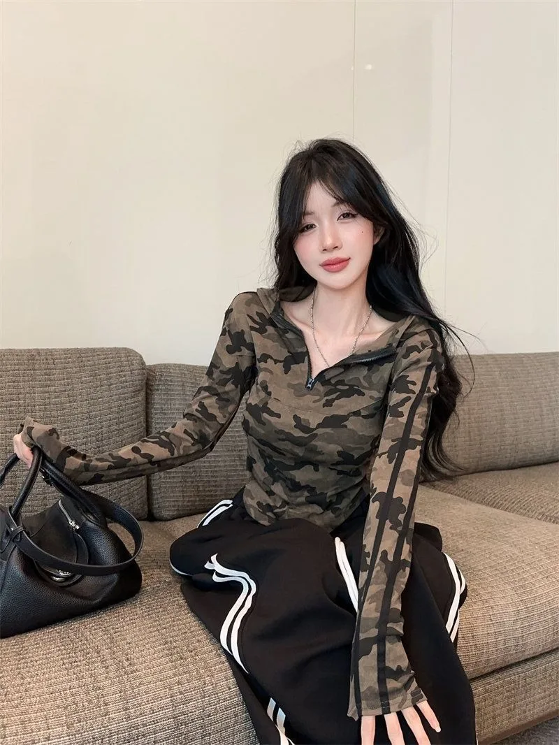 Damenmode Camo-Print Hoodie mit halbem Reißverschluss, Langarm-T-Shirt, einzigartiges Design, schmal geschnitten, lässiger Pullover-Oberteil für Damen – Detail 6