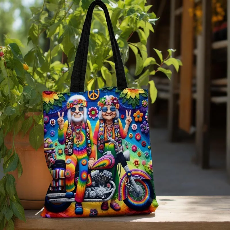 Chic Motorcycle & Grandparents Tote Bag - Large Capacity Durable Shoulder Bag for Women Versatile Shopping Casual Handbag