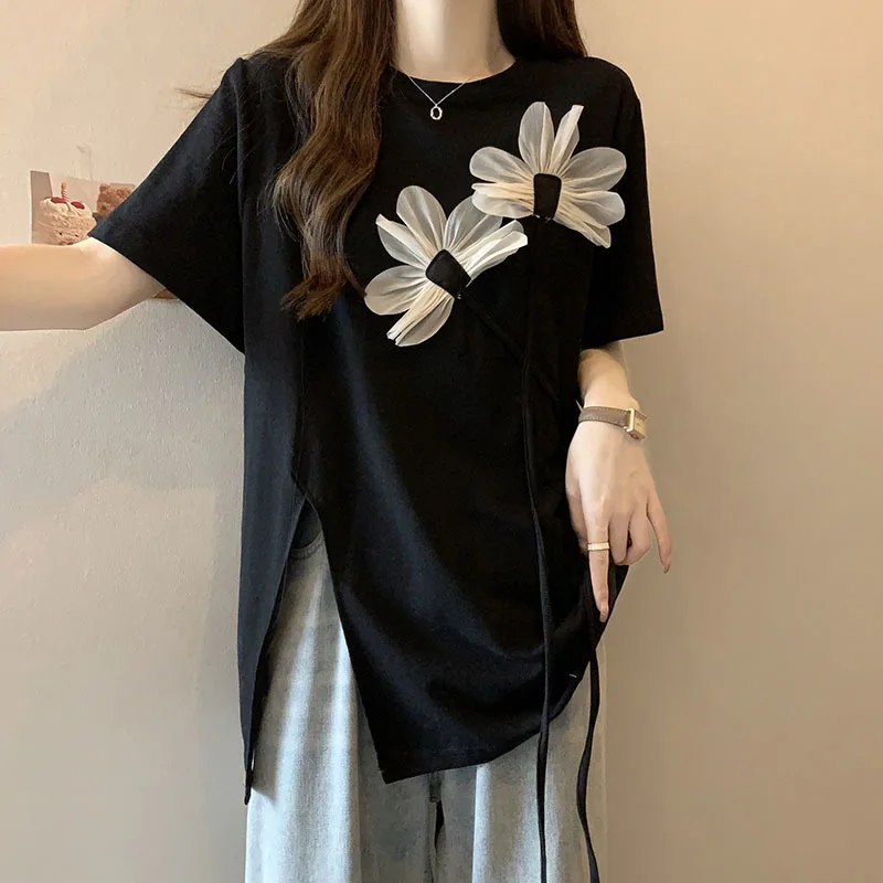 Women Three dimensional Flower Short Sleeve T-shirt Women\'s Summer 2023 New Korean Chic Black Loose O Neck Split Top