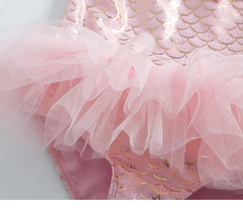 Traje de baño de sirena rosa + sombrero, traje de baño de una pieza para niñas con falda transparente, Bikini para niñas de 1 a 7T, bonito traje de baño de playa para niños