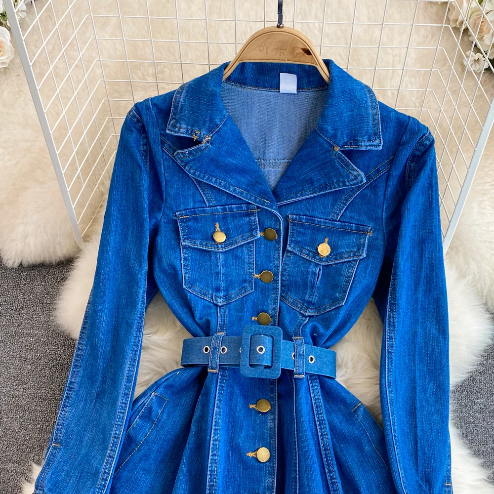 2023 Autumn Winter Retro Premium Style Long Sleeved Suit Collar Double Breasted Waist Shrinking A-line Denim Dress