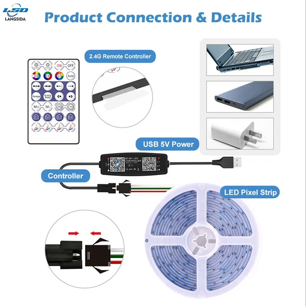 5 فولت WS2811 RGB COB قطاع وحدة تحكم USB بلوتوث الذكية APP التحكم 720 المصابيح الصوت المنشط أوضاع الموسيقى تشغيل/تأثير الشلال #6