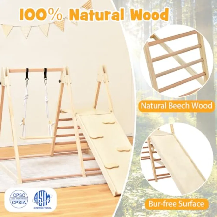 Indoor Jungle Gym Grote 5in1 Speeltuin Klimmerspeelset met Babyschommel Glijbaan Ladder en Klimmuur Opvouwbare Houten Mon