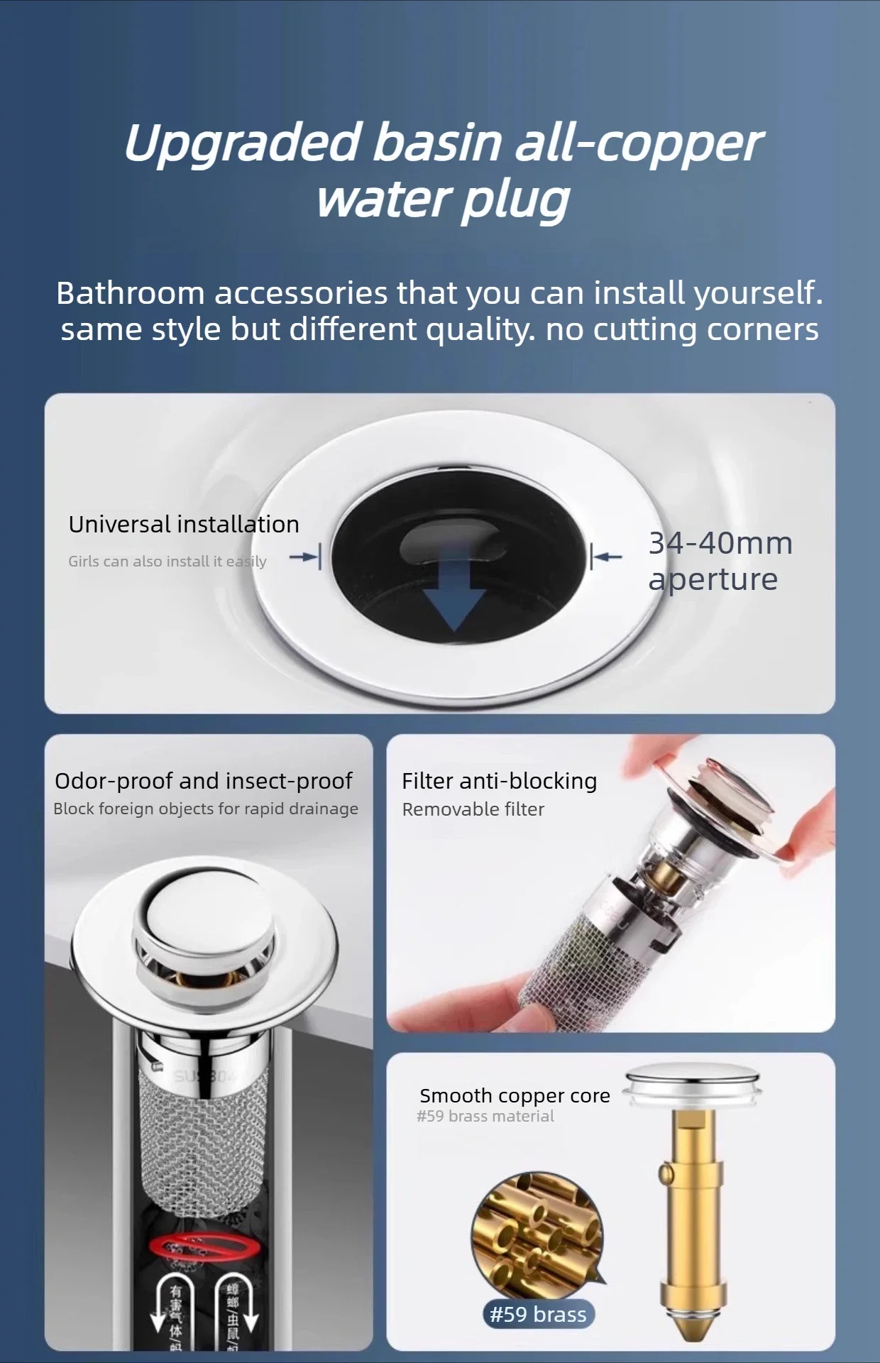 Edelstahl-Filter-Waschbecken-Abflussstopfen, auslaufsicher, für Badezimmer, Küche, Waschbecken, Bodenablauf, ausgestattet mit Kupferkern-Rücklaufventil. – Detail 7