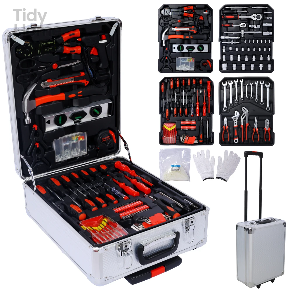 Home Repair Tool Set Kit for Men,rolling Toolbox Storage Case with 4 Drawers, General Household Tool Kit with Rolling Tool Box