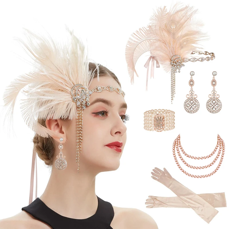 

Винтажный комплект для вечеринки в стиле 1920-х: повязка на голову с перьями, жемчужное ожерелье, перчатки, головной убор для маскарада с бахромой и перьями