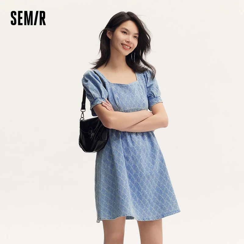 Semir 여성용 데님 원피스, 스위트 쿨 여름 복장, 퍼프 소매, 스퀘어 네크라인, 꽃 자수, 짧은 스커트, 빈티지 드레스