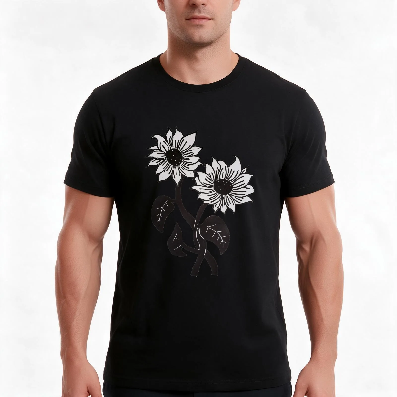 Sunflower Greyscale Linoleum Block Print T-Shirt Summer Casual Cotton Tee Oversized Streetwear Tops Vintage Graphic Print