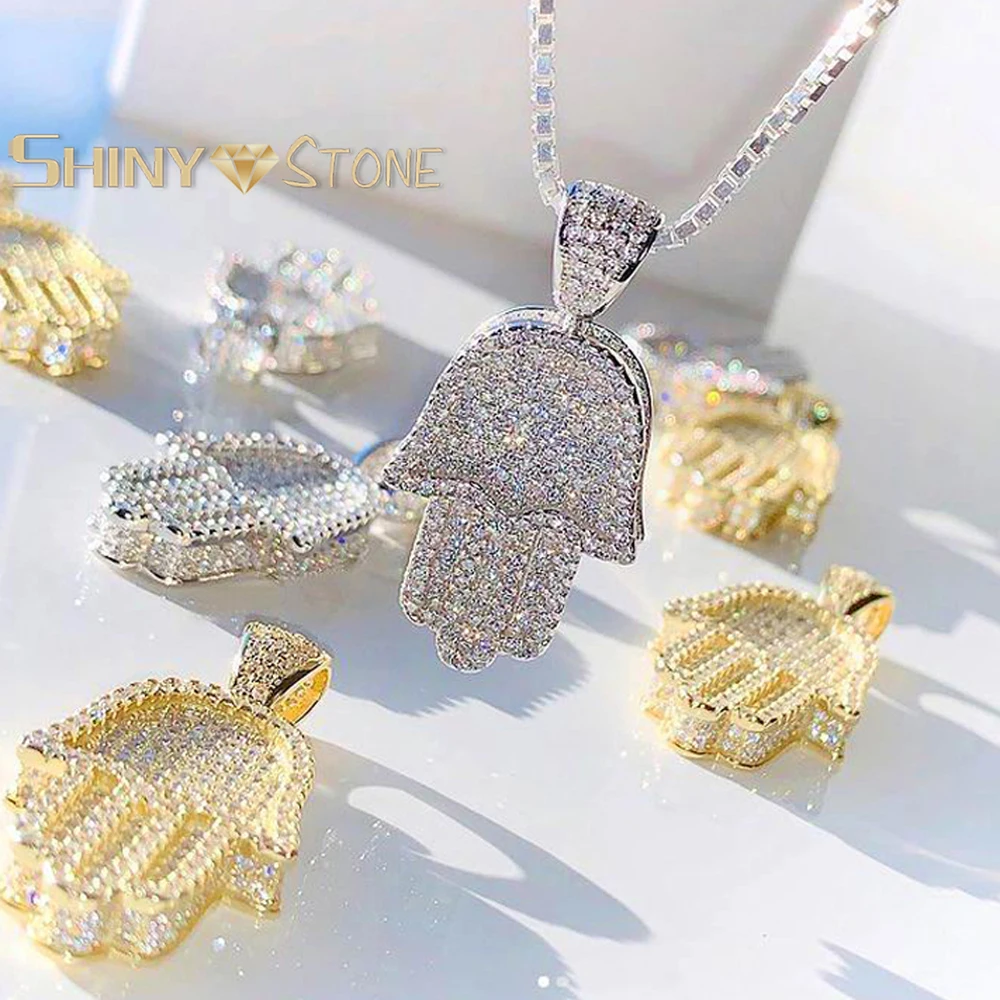 

New Hamsa Hand Of Fatima Pendant Necklace Gold Color Iced Out Cubic Zirconia Charm Chain Hip Hop Women Men Jewelry