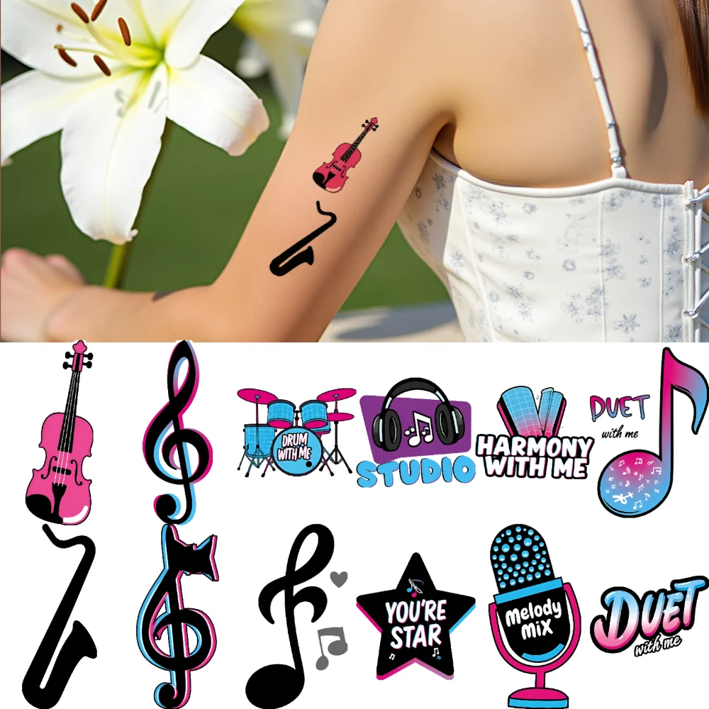 63pcs Temporary Tattoo Music Stickers Waterproof Long-lasting Body Stickers Instrument Stickers Cartoon Music For Shoulders