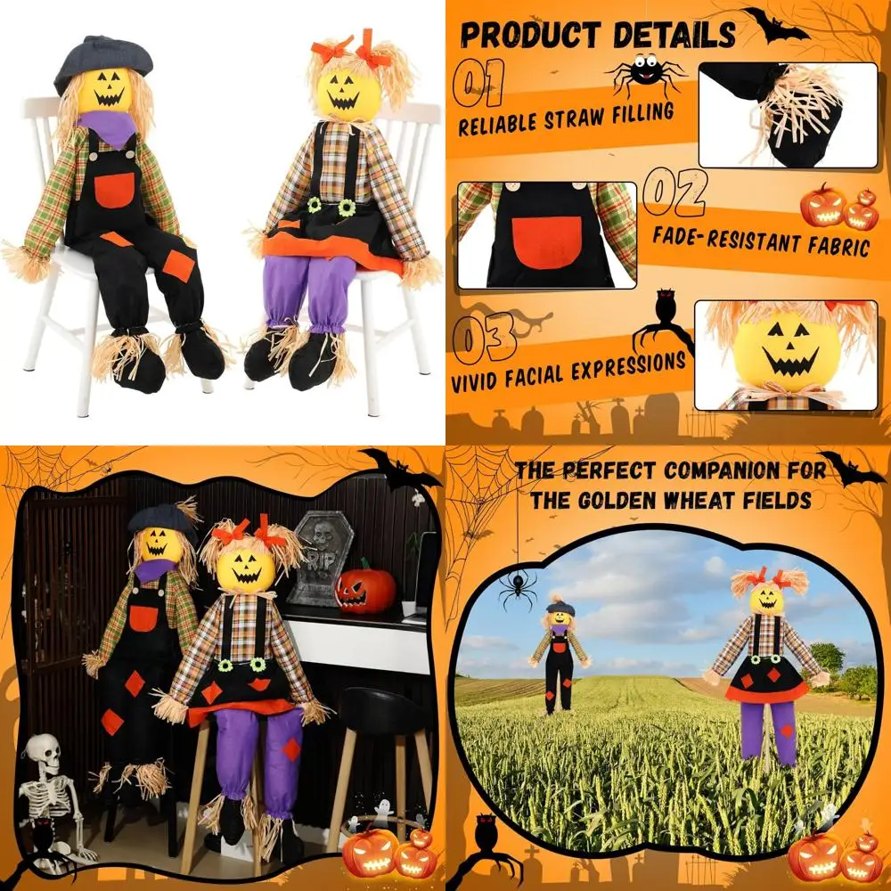 

Halloween Pumpkin Scarecrow 60 Tall with Sitting Ghost - Spooky Garden Decorations and Figurine Gifts