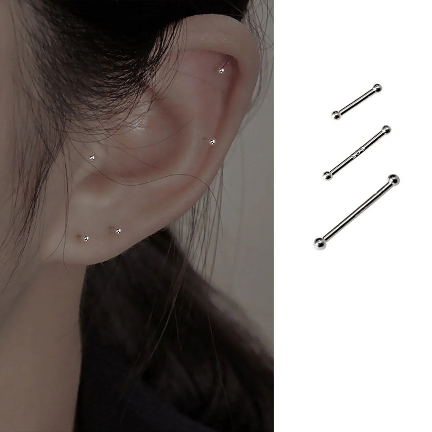 2 Pairs Women Silver Studs Piercing Tragus Earrings Small Ball Ear Bone Nail Stick Studs Earrings