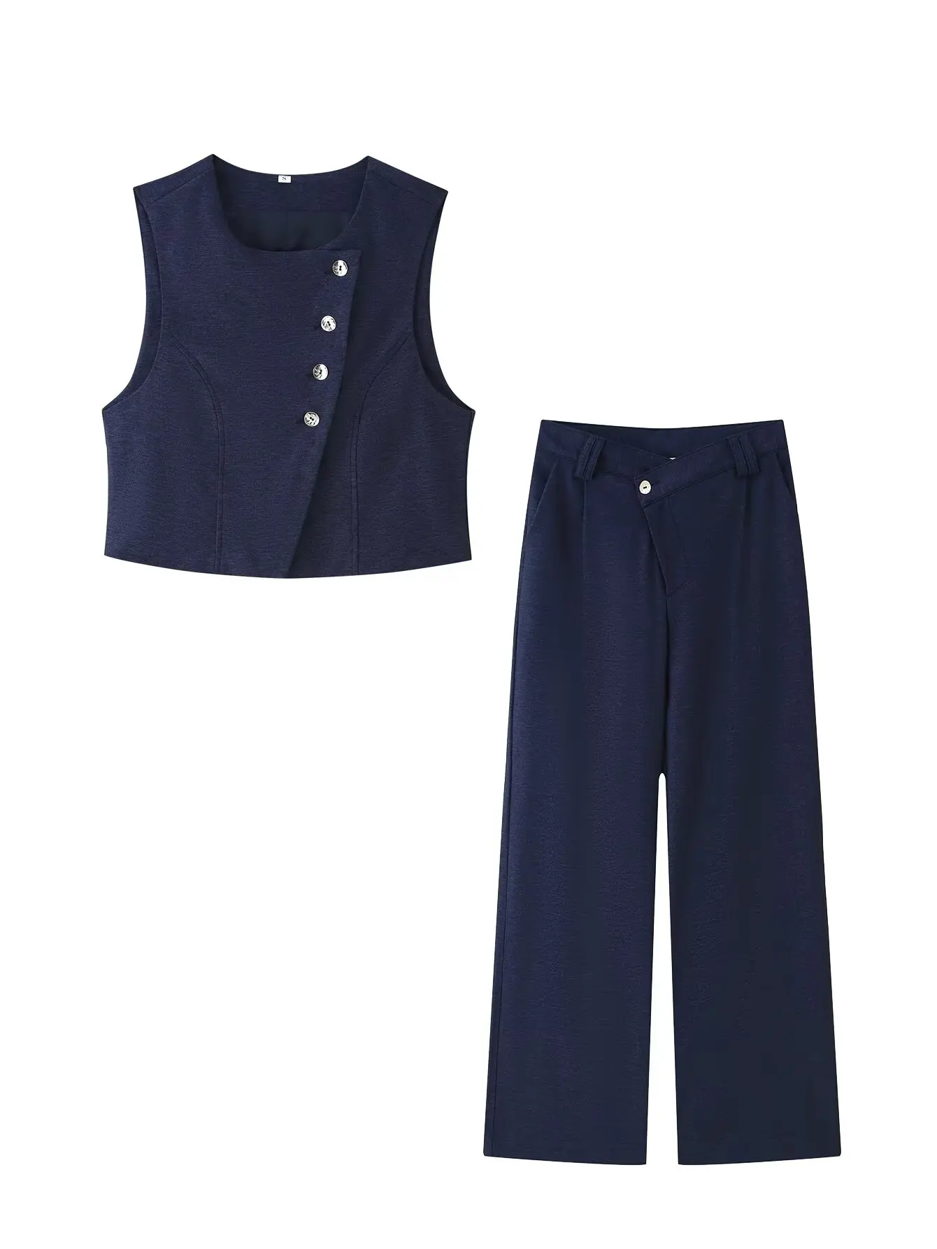 

2025 женский повседневный комплект рабочей одежды, топ без рукавов с круглым вырезом и одной пуговицей, длинные прямые брюки на молнии, осенний модный комплект