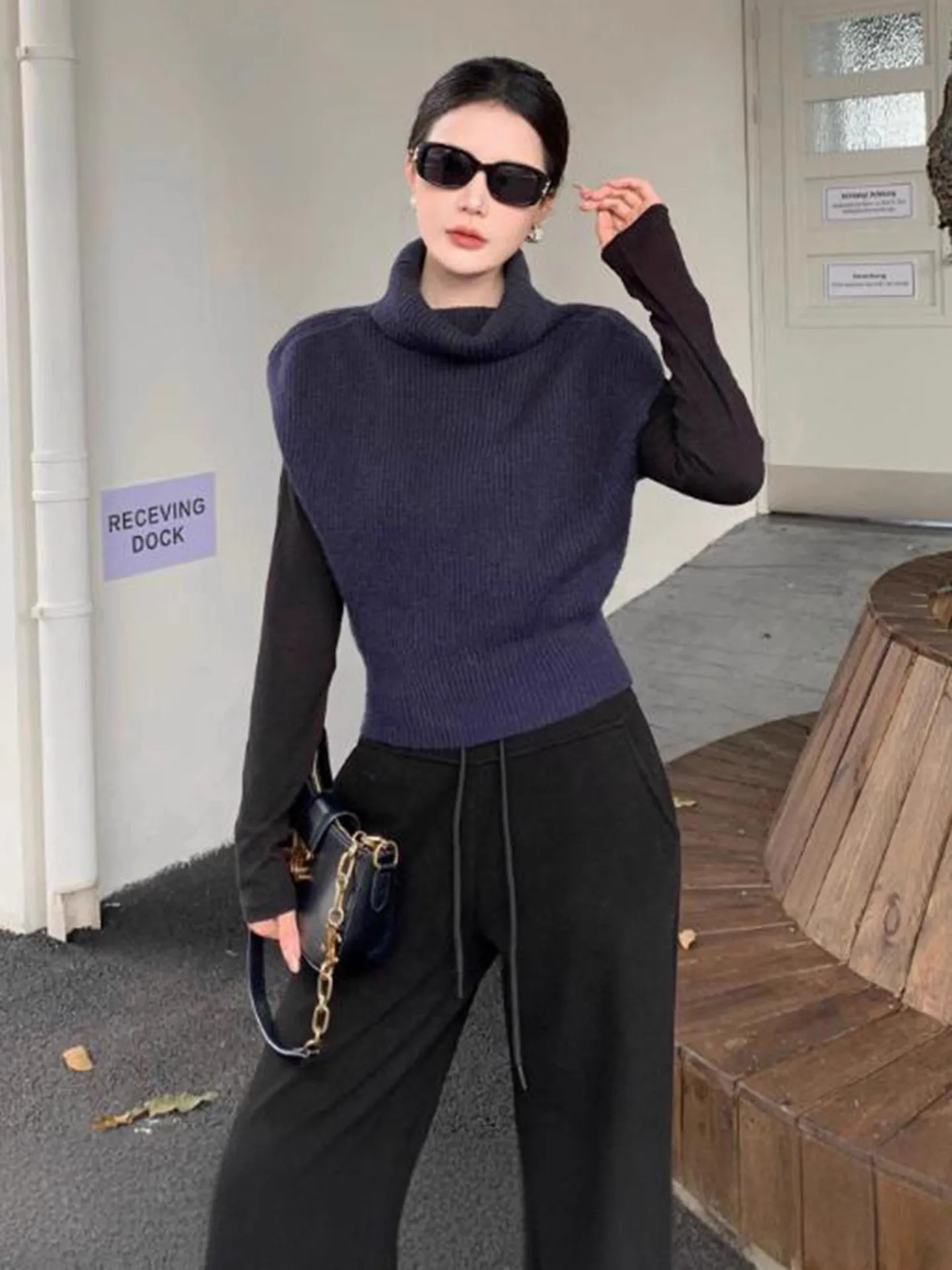 레트로 퍼플 하이 칼라 니트 조끼 여성용 봄 가을 레이어링 스웨터 아우터웨어 어깨 패드 탑 편안한 핏 니트웨어